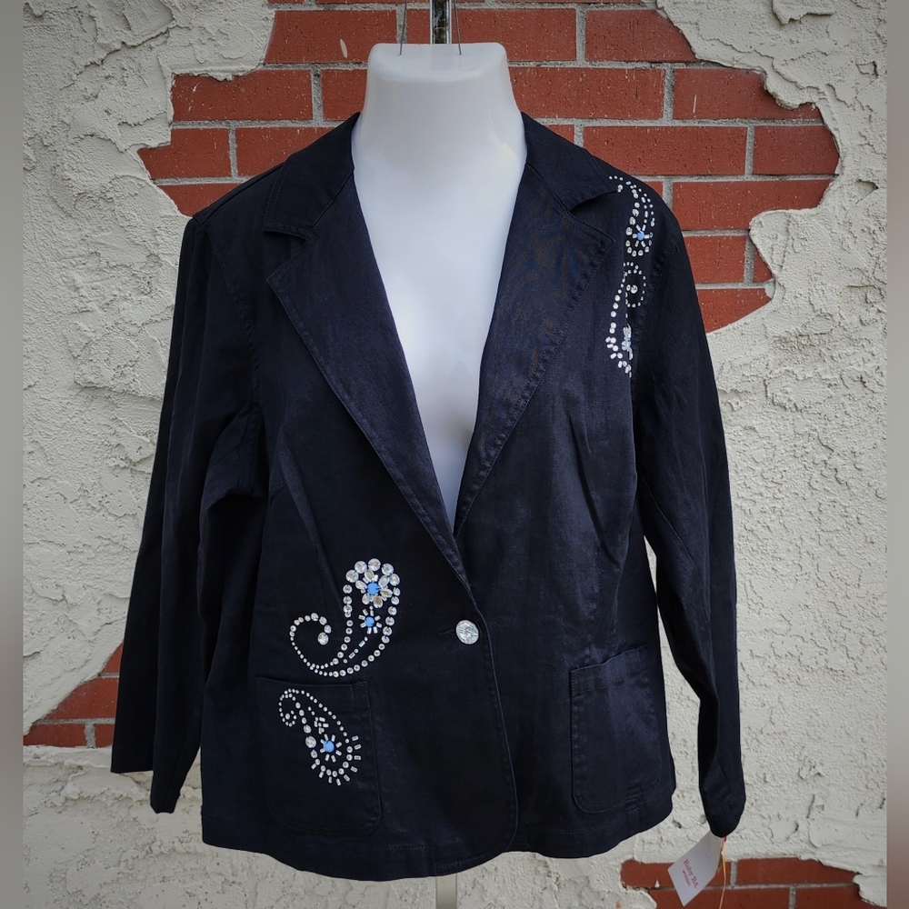 18W New $78 women RUBY RD. black denim embellished rhinestones paisley jacket